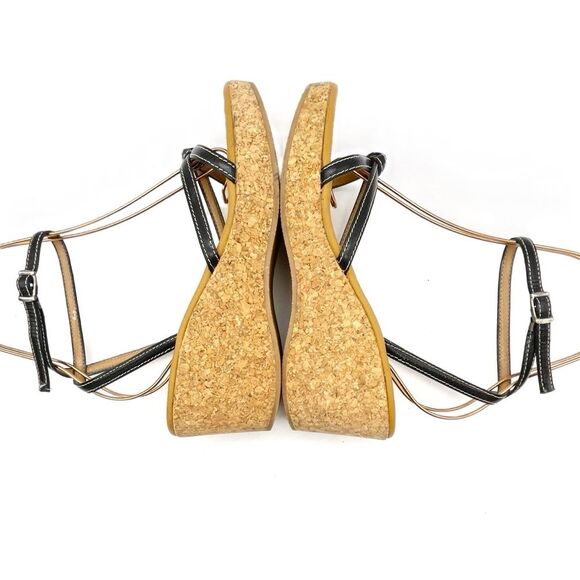 J. Crew Donna Wedge Sandals Size 8 Black Leather Cork Ankle Strap Vintage Y2K - Picture 11 of 14